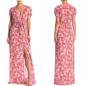 WAYF Womens Burnt Pink Coral Floral Maya Empire Waist Tie Maxi Dress